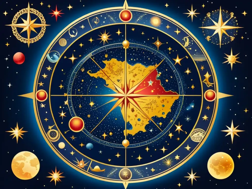 Una ilustración digital de estilo vintage de un mapa celestial, con detalladas representaciones de figuras mitológicas y constelaciones