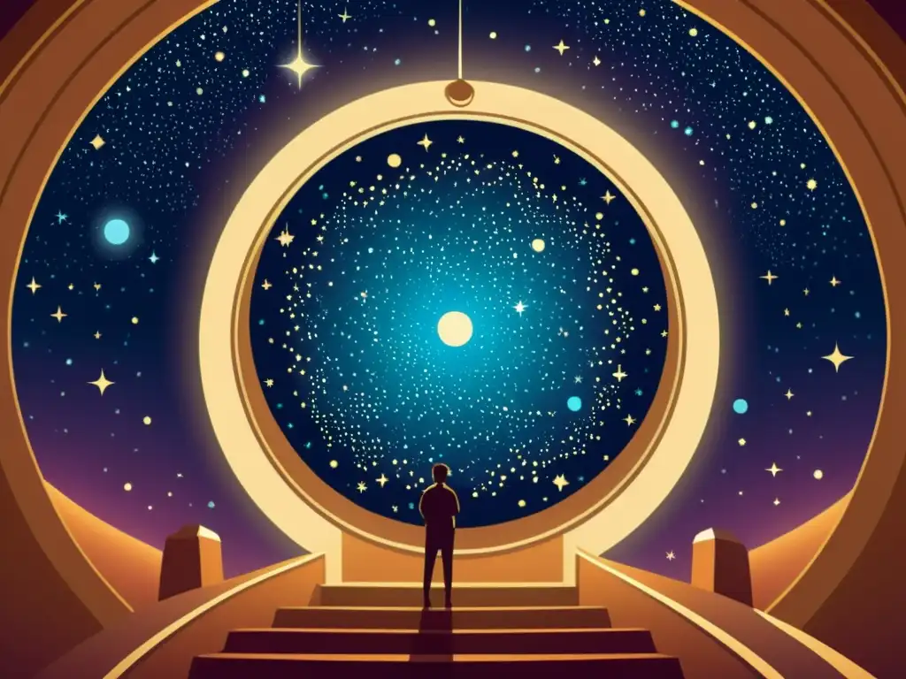 Una ilustración digital de inspiración vintage de un domo de planetario, con detalles intrincados del cielo nocturno proyectados en su superficie