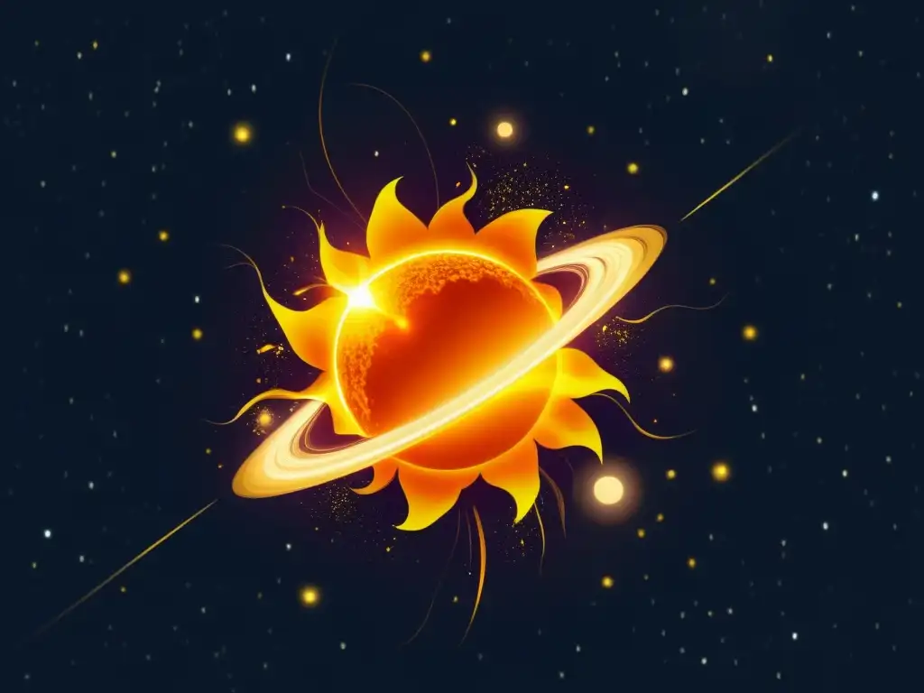 Una ilustración vintage de una dinámica solar con explosión de una llamarada solar, mostrando detalles intrincados y constelaciones en el espacio