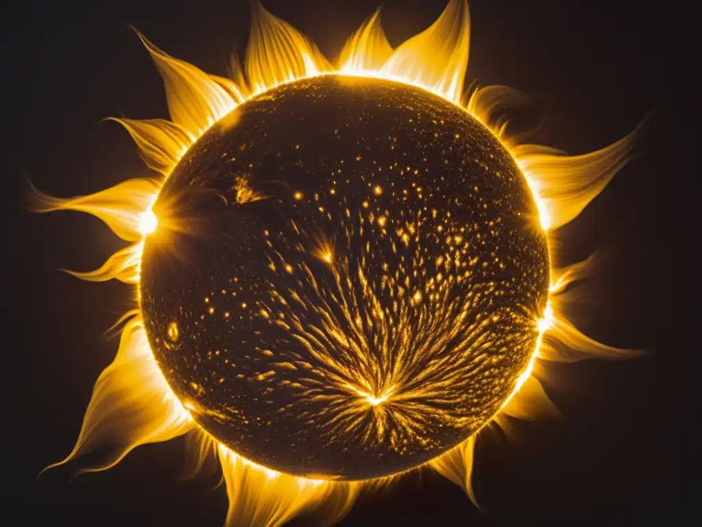 Dinámica Solar en exposición fotográfica: Detalle hipnótico del sol en tonos sepia, capturando flares y prominencias solares