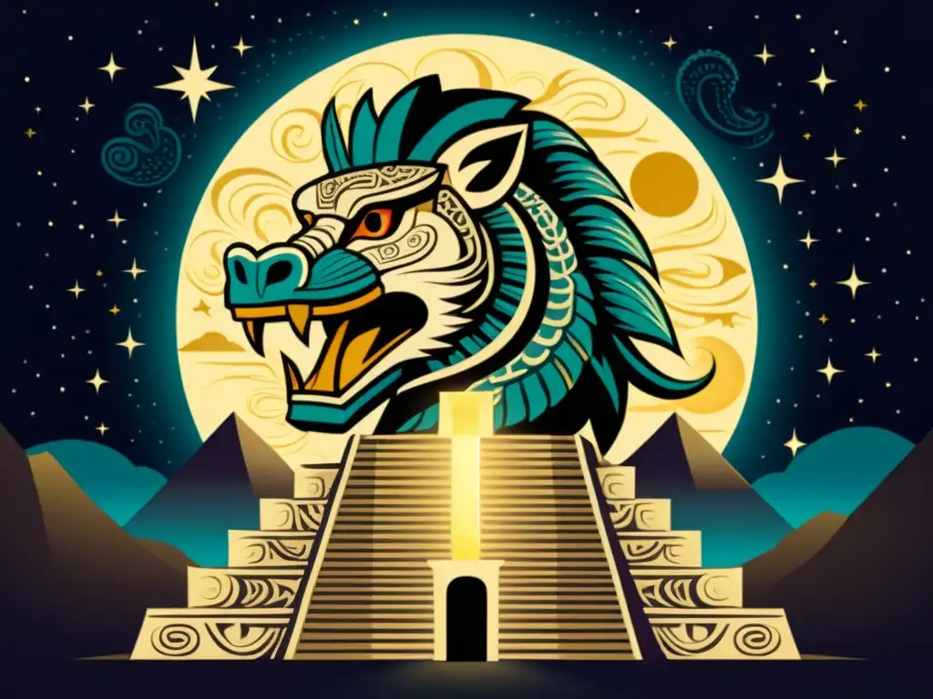 Ilustración vintage del dios maya Kukulkán, serpiente emplumada en una pirámide bajo un cielo estrellado