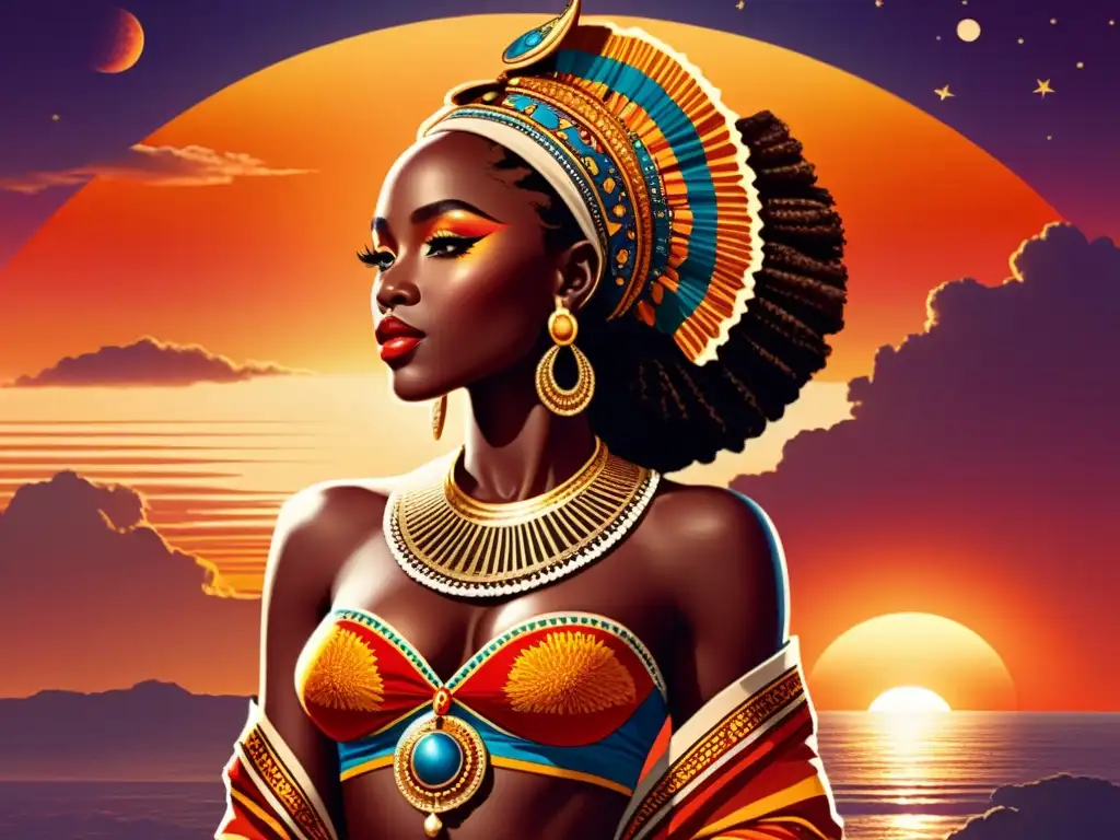 La diosa africana asociada con Venus, en una ilustración vintage, destacando en un vibrante atardecer africano