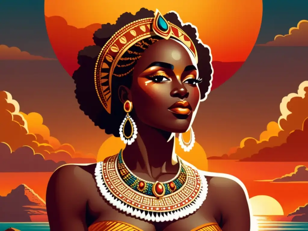 La diosa africana de Venus brilla en un atardecer vibrante, exudando elegancia y fuerza