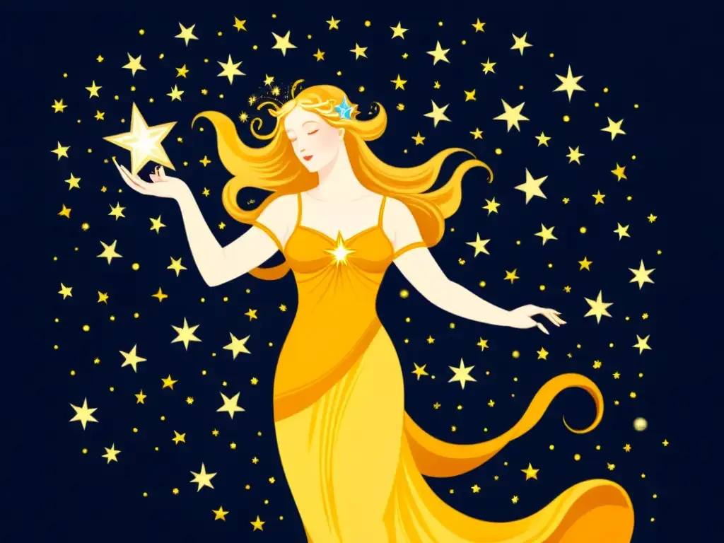 Venus, la diosa de amor y belleza, en ilustración vintage, rodeada de estrellas, evocando la mitología asociada a estrellas Venus