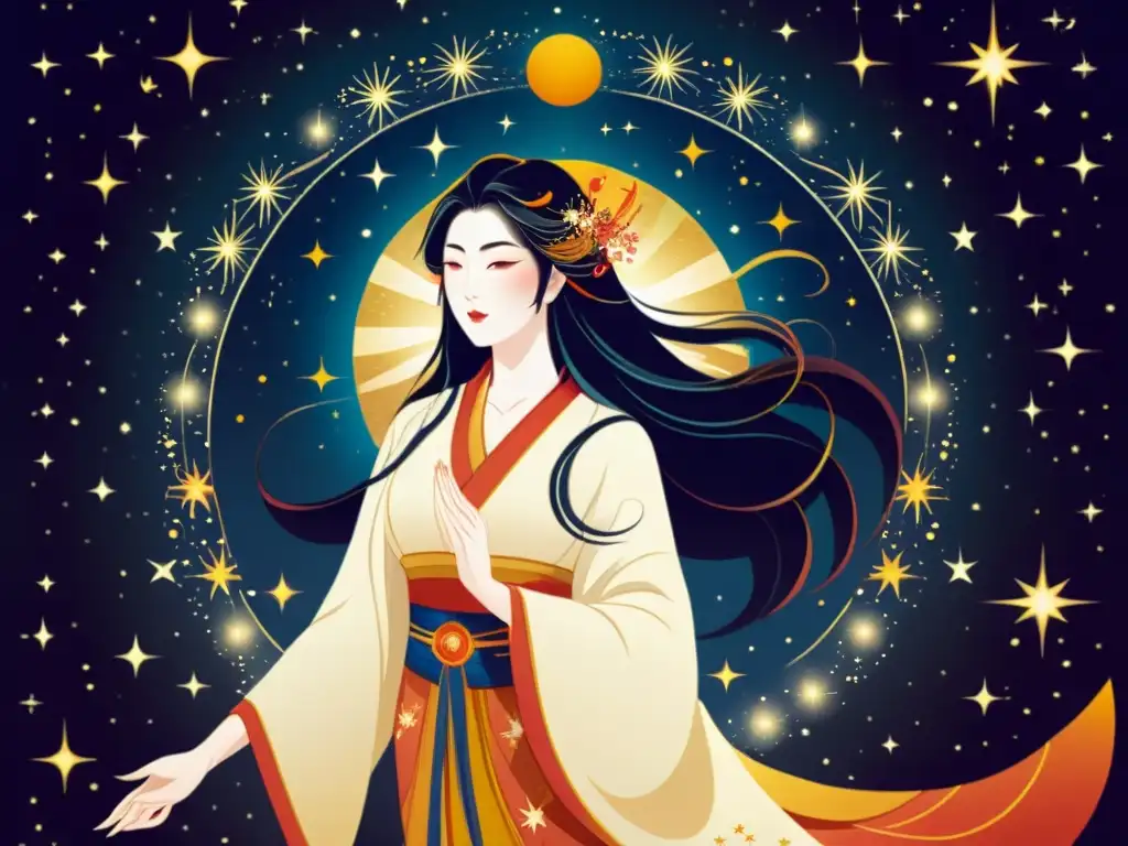 Ilustración vintage de la diosa Amaterasu en un campo radiante de estrellas, con sus túnicas formando la constelación de Orión