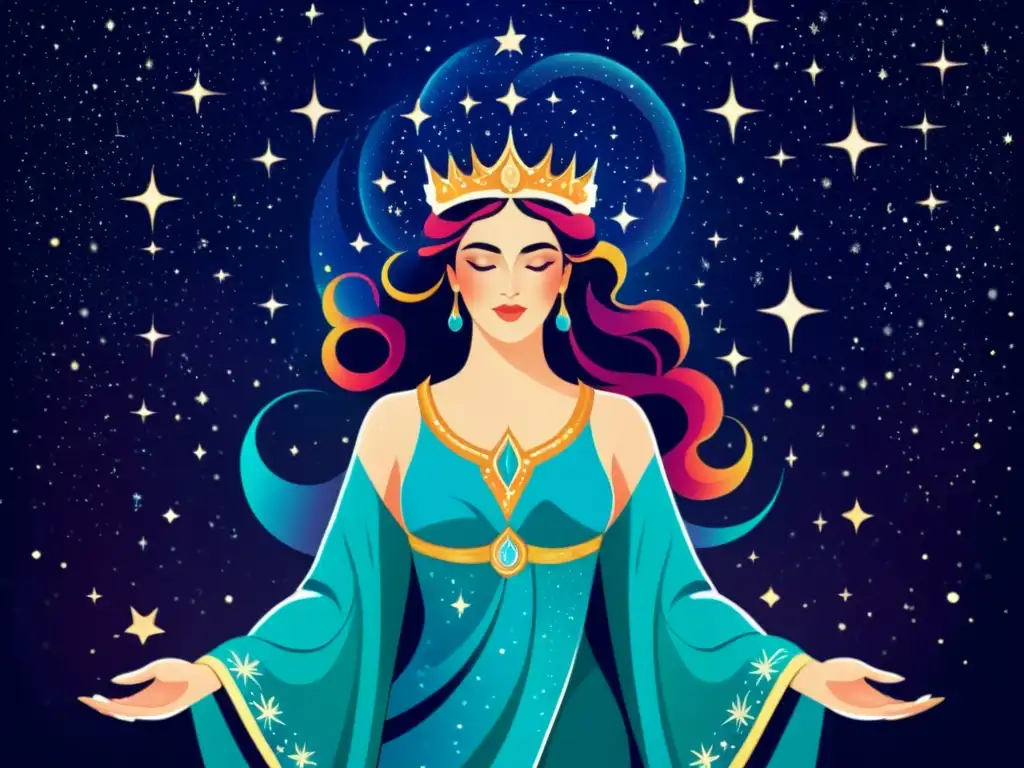 Una diosa celestial en un paisaje cósmico, con influencias vintage, que inspira canciones inspiradas en mitología estelar