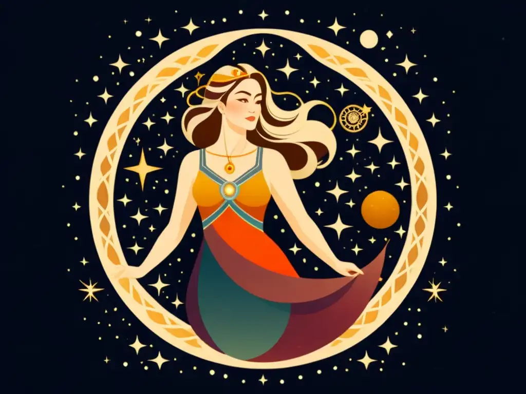 Ilustración vintage de la diosa Frigg tejiendo el cosmos, con la nebulosa de Orión y constelaciones tomando forma