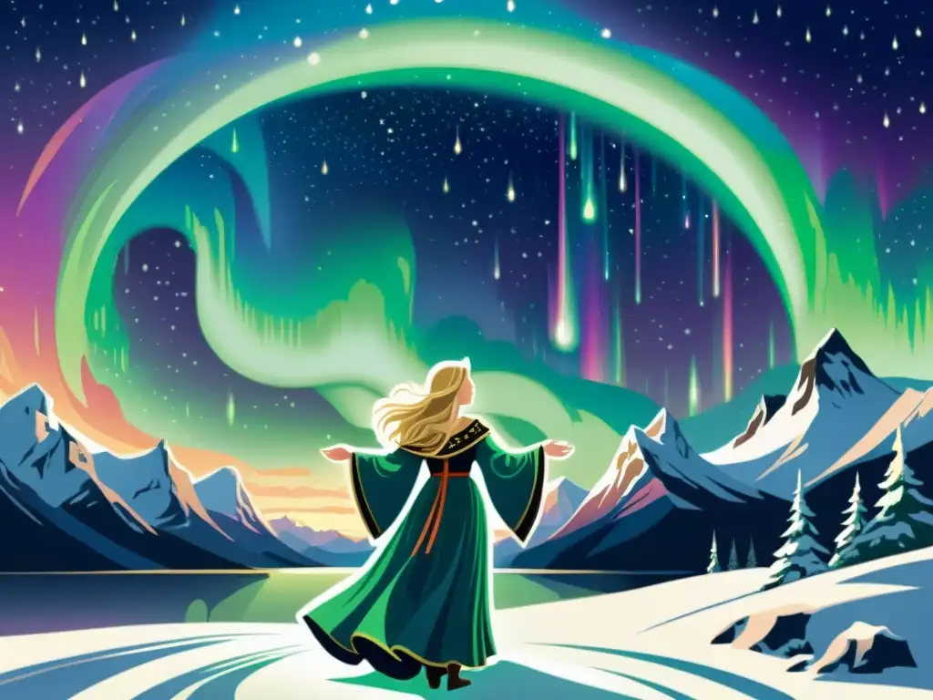 La diosa nórdica Aurora danza entre las auroras boreales, deslumbrante y mágica