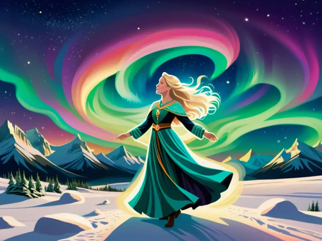 Una diosa nórdica danza con gracia bajo las místicas auroras boreales, evocando el significado espiritual de la mitología nórdica