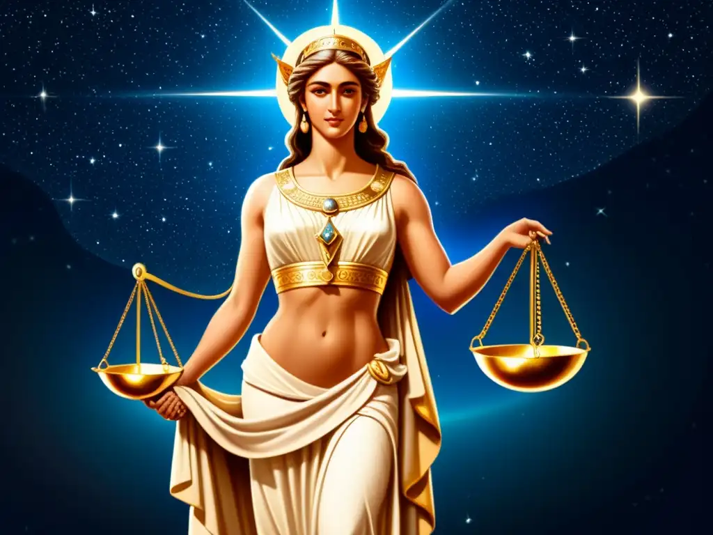 Una ilustración vintage de la diosa griega Themis sosteniendo las balanzas de la justicia, con la constelación de Libra brillando sobre ella