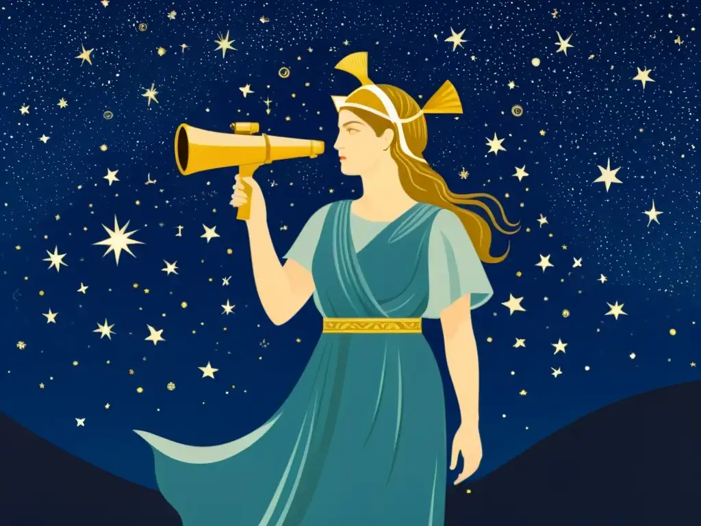 Athena, diosa griega, observa el cosmos con un telescopio bajo un cielo estrellado