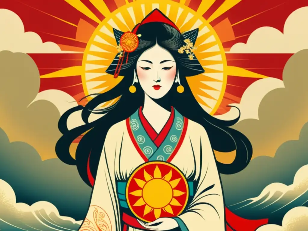 La diosa japonesa Amaterasu irradia majestuosidad y poder solar, con un toque vintage que evoca la mitología de la constelación de Orión