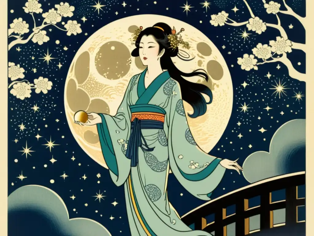 Representación de la diosa japonesa Tsukuyomi en un balcón celestial, evocando la Mitología Japonesa en el Cielo Nocturno