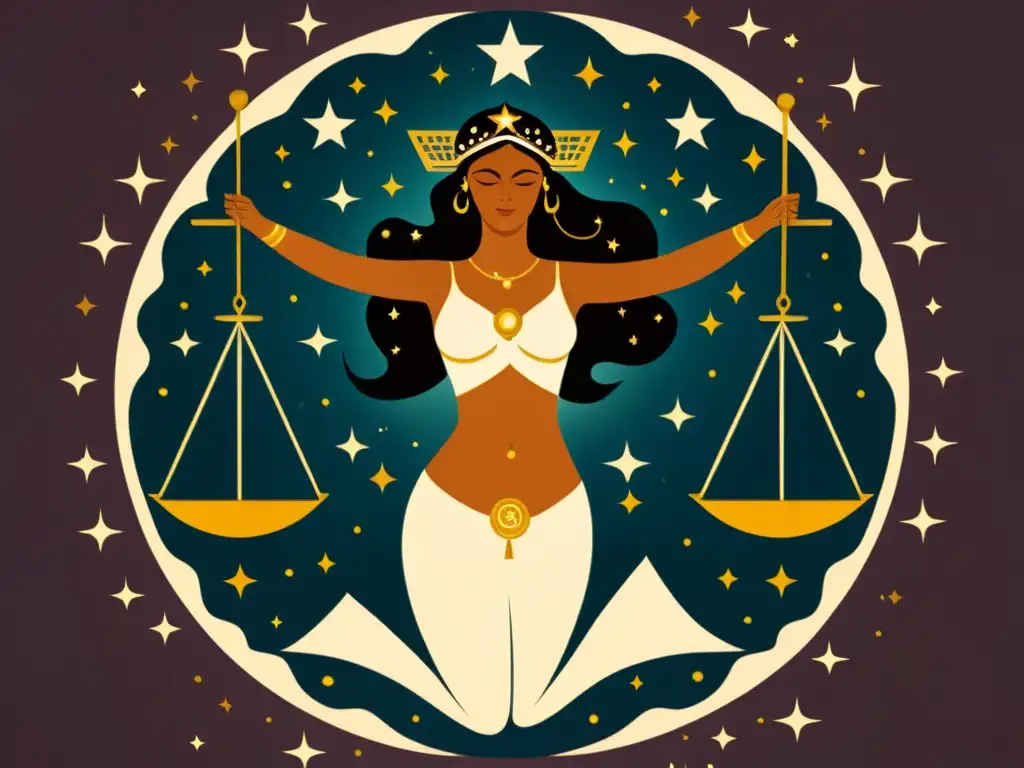 Una ilustración vintage de la constelación Libra, con la diosa de la justicia sosteniendo las balanzas y elementos celestiales