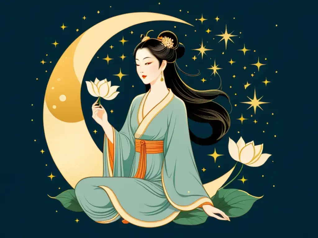 Chang'e, la diosa de la luna, sostiene una flor de loto en la mano mientras está de pie en la luna creciente