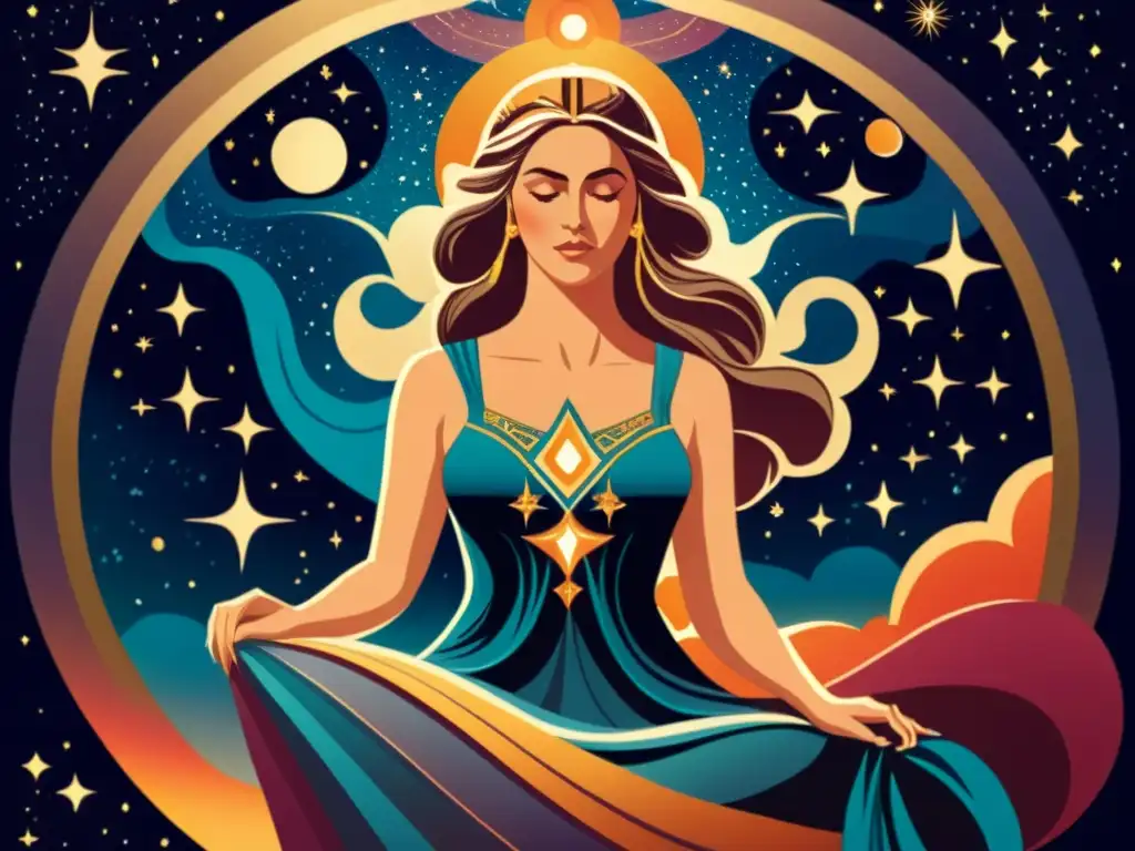 La diosa Frigg teje la mitología asociada a las constelaciones y estrellas en un telar celestial, evocando un sentido de maravilla ancestral