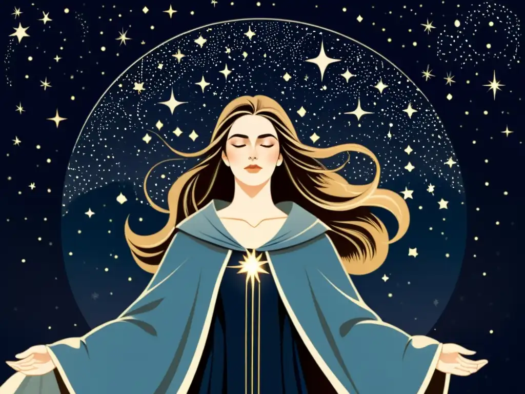 Nótt, la diosa nórdica de la noche, con cabello oscuro y manto estrellado, en un paisaje de constelaciones