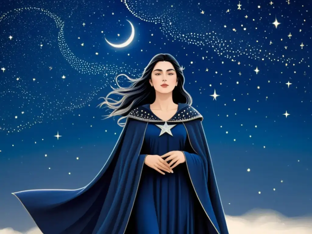 Nótt, la diosa nórdica de la noche, en ilustración vintage bajo un cielo estrellado