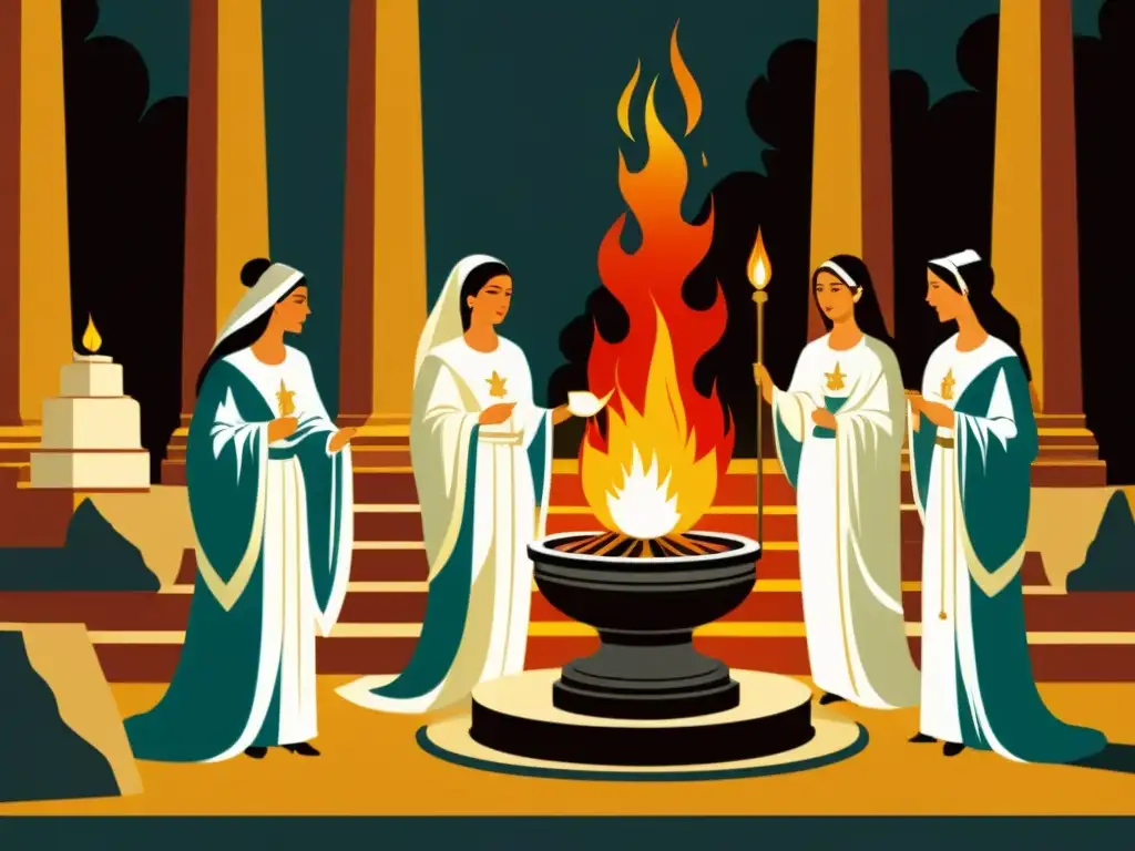 Las Diosas Vestales en Roma cuidando el fuego sagrado en el Templo de Vesta, en una ilustración vintage de gran detalle