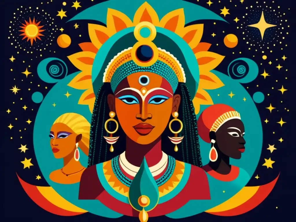 Dioses astrales de la mitología africana: ilustración celestial vintage con colores ricos y detalles intrincados, emanando poder y sabiduría ancestral