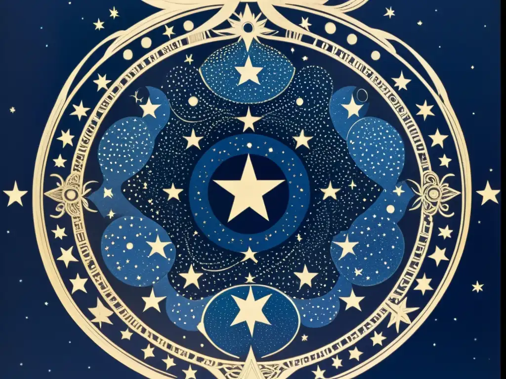 Dioses astronómicos en la cultura: Detallada ilustración vintage del cielo nocturno, con deidades celestiales y símbolos astronómicos entrelazados con constelaciones, en un fondo azulnegro repleto de estrellas brillantes y deidades antiguas adornadas con motivos