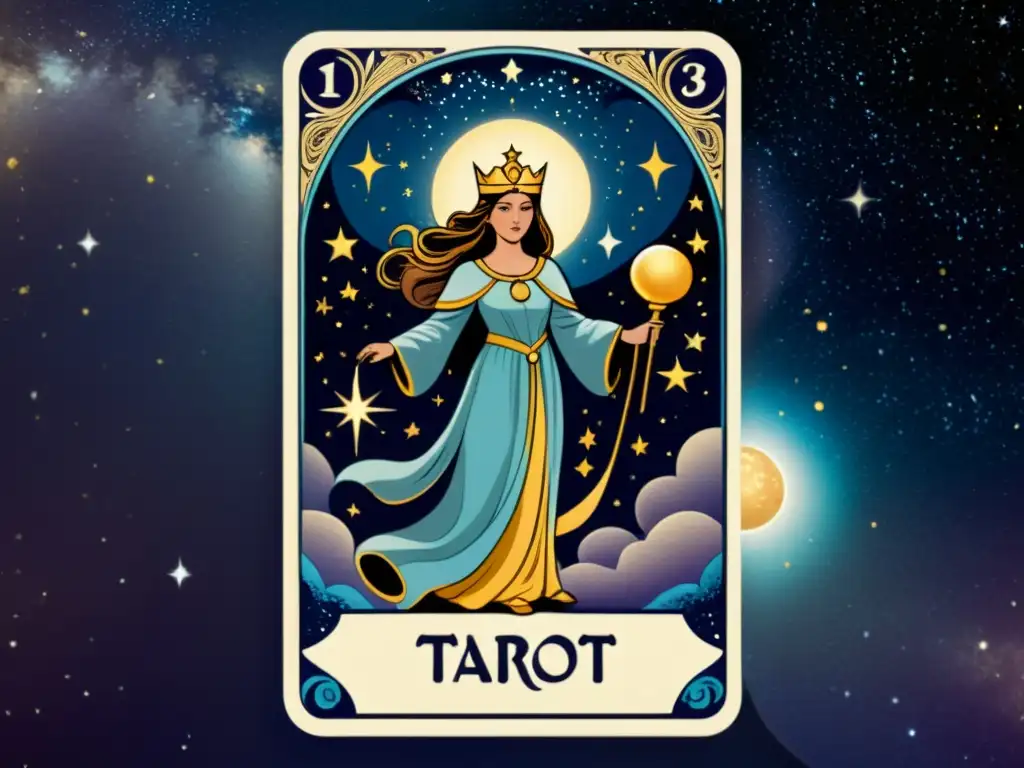 Dioses astronómicos en la cultura: Ilustración detallada de una carta de tarot celestial con majestuosa figura y cosmos brillantes