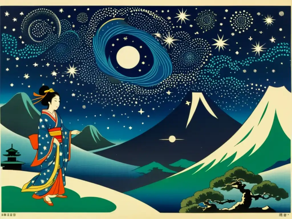 Dioses constructores de estrellas en una impresionante estampa japonesa vintage que evoca la mitología celestial