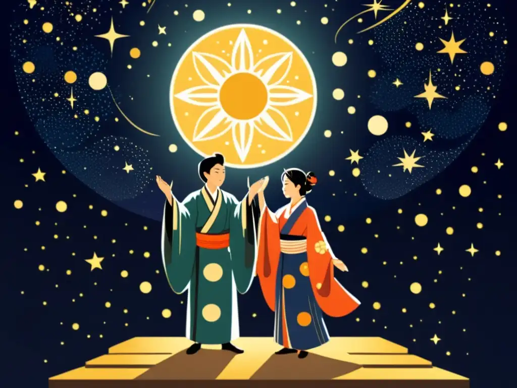 Dioses constructores forjan estrellas en ilustración celestial de Onamuchi y Sukunabikona, evocando la mitología japonesa