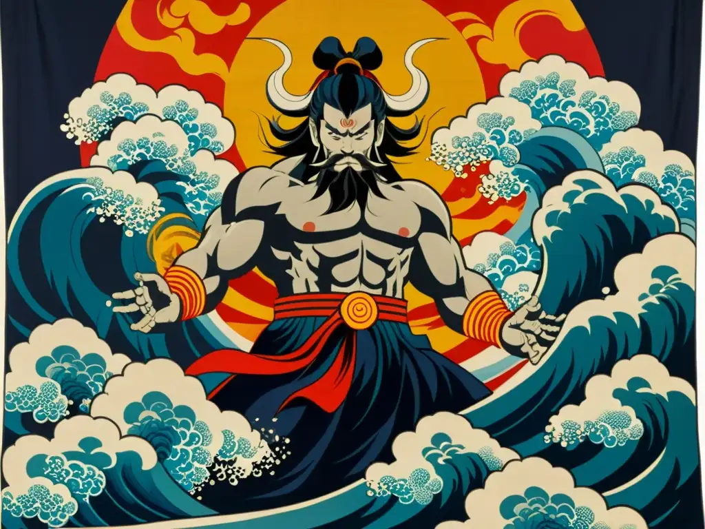 Dioses del trueno y viento estelar: Raijin y Fujin, deidades japonesas, emergen en una impresionante tapicería vintage entre nubes tormentosas