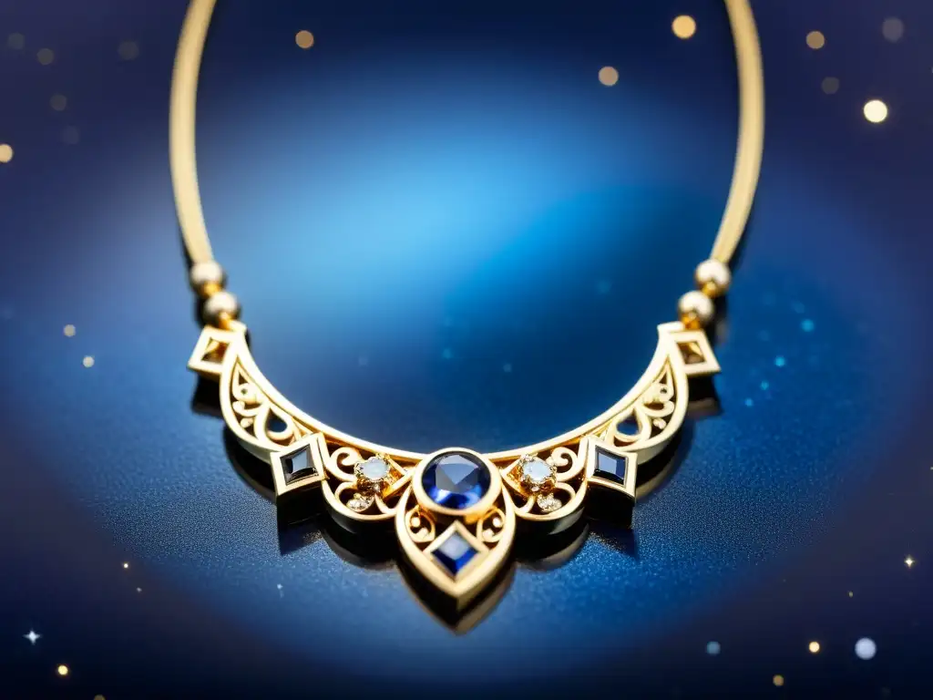 Diseño de joyería inspirado en constelaciones: Collar de gemas sobre terciopelo azul, evocando la elegancia celestial