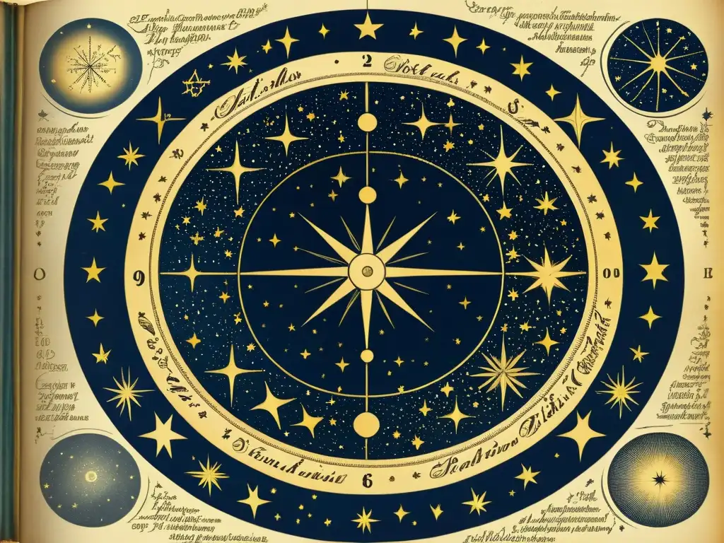 Diseño de libros temática astronómica: Ilustración detallada de un antiguo atlas celestial, con constelaciones y cuerpos celestes