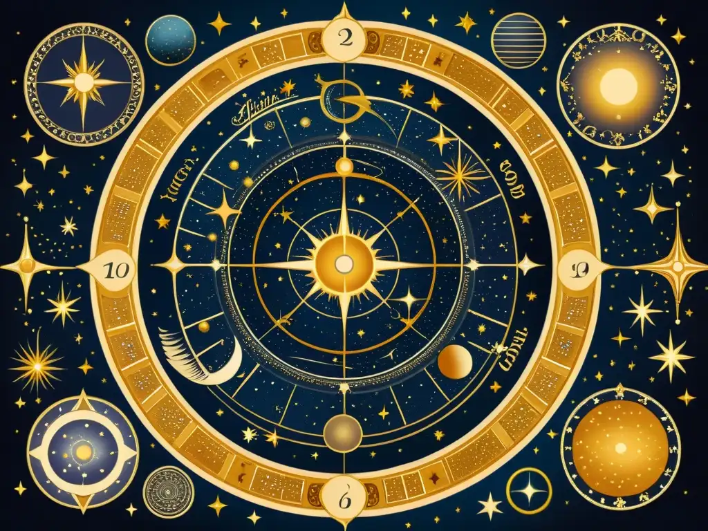 Diseño de libros temática astronómica: Detallado mapa celestial vintage en tonos cálidos y detalles en oro, evocando elegancia y exploración