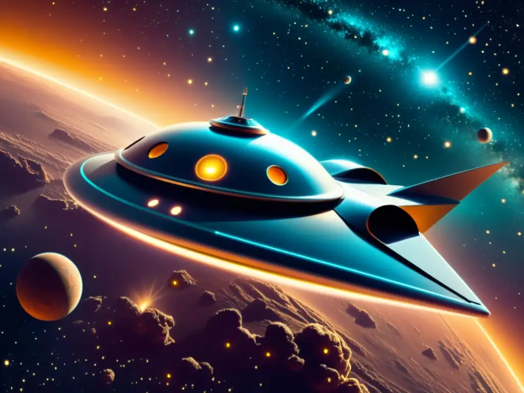 Diseño de naves espaciales: Ilustración vintage de una nave futurista en una nebulosa estelar, con detalles intrincados y propulsión brillante