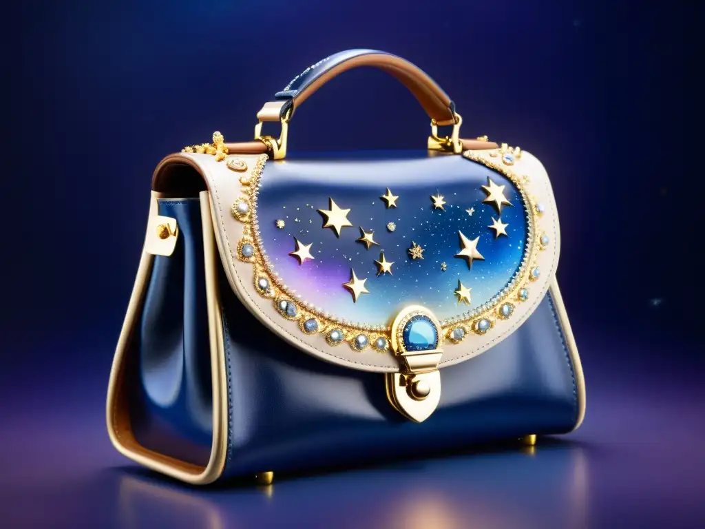 Diseños exclusivos de carteras galácticas: Una cartera de cuero vintage con un motivo galáctico de nebulosas y estrellas brillantes sobre un fondo índigo profundo, acentuada con detalles en dorado metálico