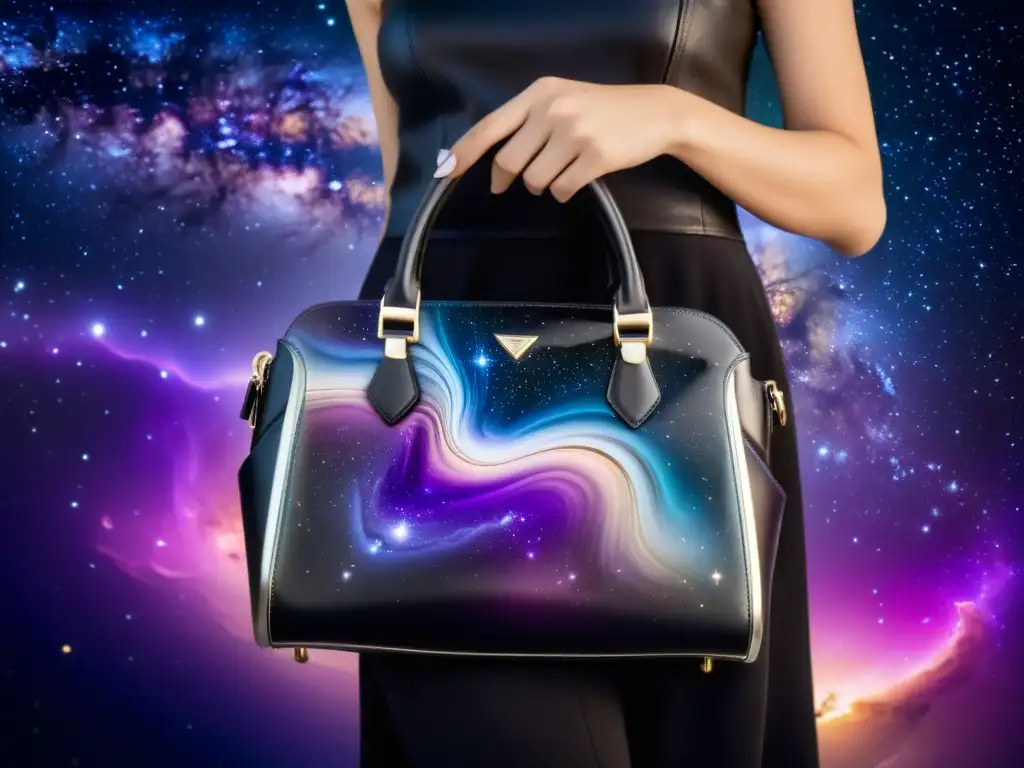 Diseños exclusivos de carteras galácticas: una elegante cartera negra de cuero con detalles plateados y morados, evocando la belleza de la galaxia de Andrómeda en un escenario celestial y atemporal