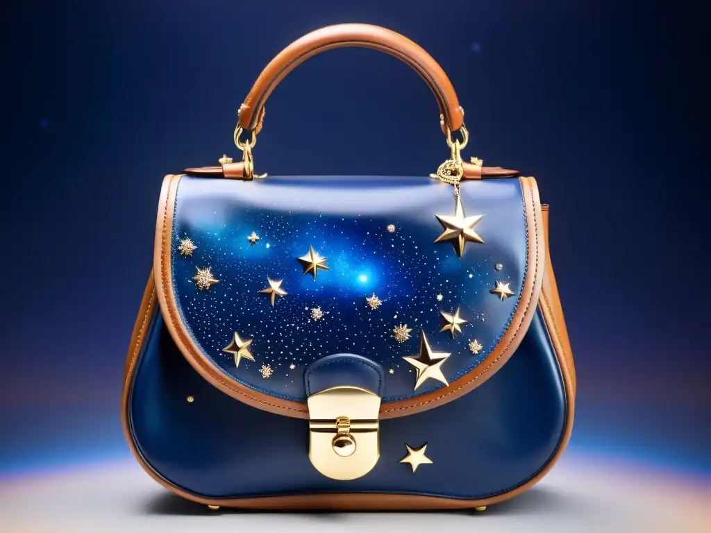 Diseños exclusivos de carteras galácticas: Bolso de cuero vintage con detalles metálicos que evocan constelaciones en un fondo cósmico azul nebuloso