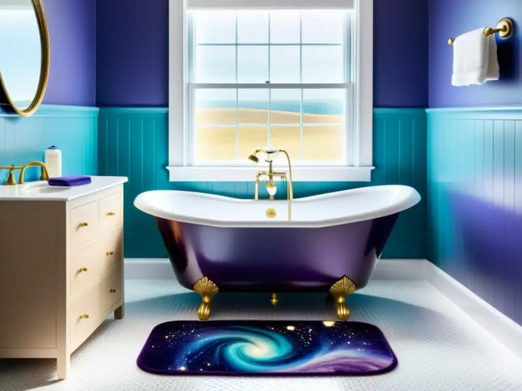 Diseños de galaxias para felpudos en un baño vintage con bañera de patas, luz suave y toques de celestialidad y serenidad