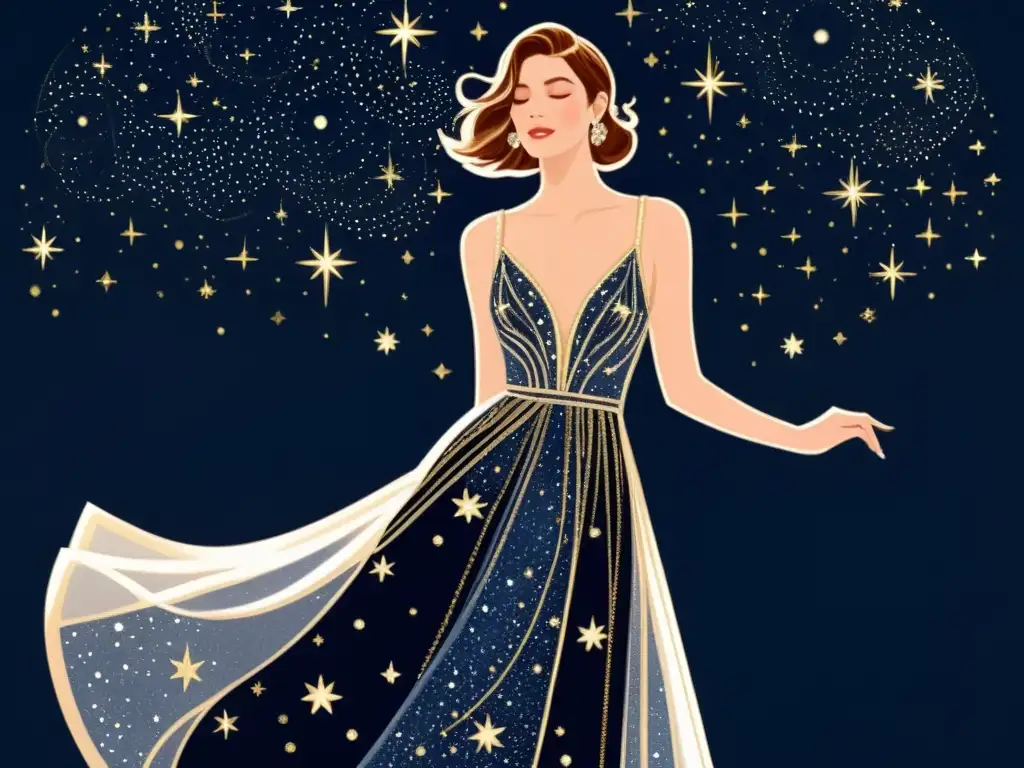 Diseños inspirados en constelaciones: Ilustración de moda vintage con un vestido celestial bordado, en un escenario estrellado