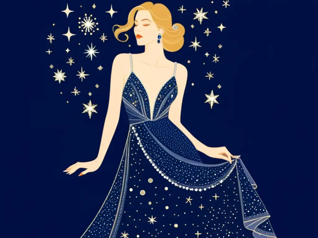 Diseños inspirados en constelaciones: Ilustración de moda vintage con un vestido celestial adornado y una modelo en pose dramática contra un fondo índigo