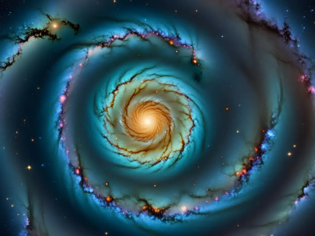 Visualización de galaxias distantes: Ilustración vintage de una espiral con detalles intrincados y colores vibrantes, evocando asombro cósmico y nostalgia atemporal