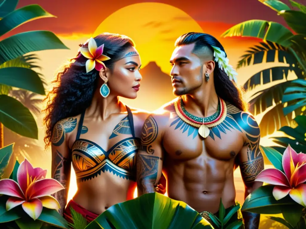 Dos divinidades polinesias con tatuajes y atuendos tradicionales, en un escenario tropical exuberante