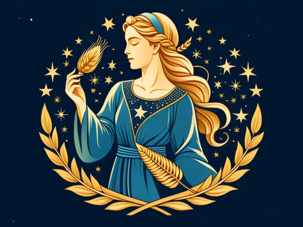 Una ilustración vintage de la constelación de Virgo, con la doncella sosteniendo un manojo de trigo, rodeada de estrellas y elementos celestiales en tonos terrosos y toques sutiles de oro y azules profundos