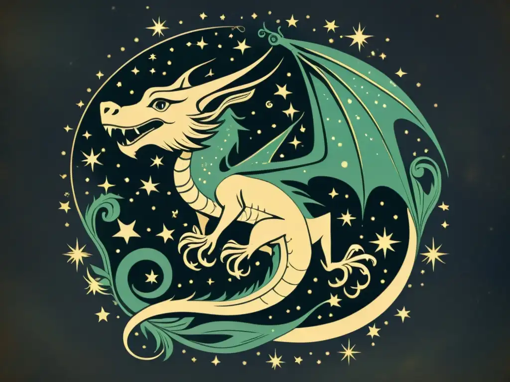 Una ilustración vintage de la constelación Draco, con un dragón celestial entre las estrellas