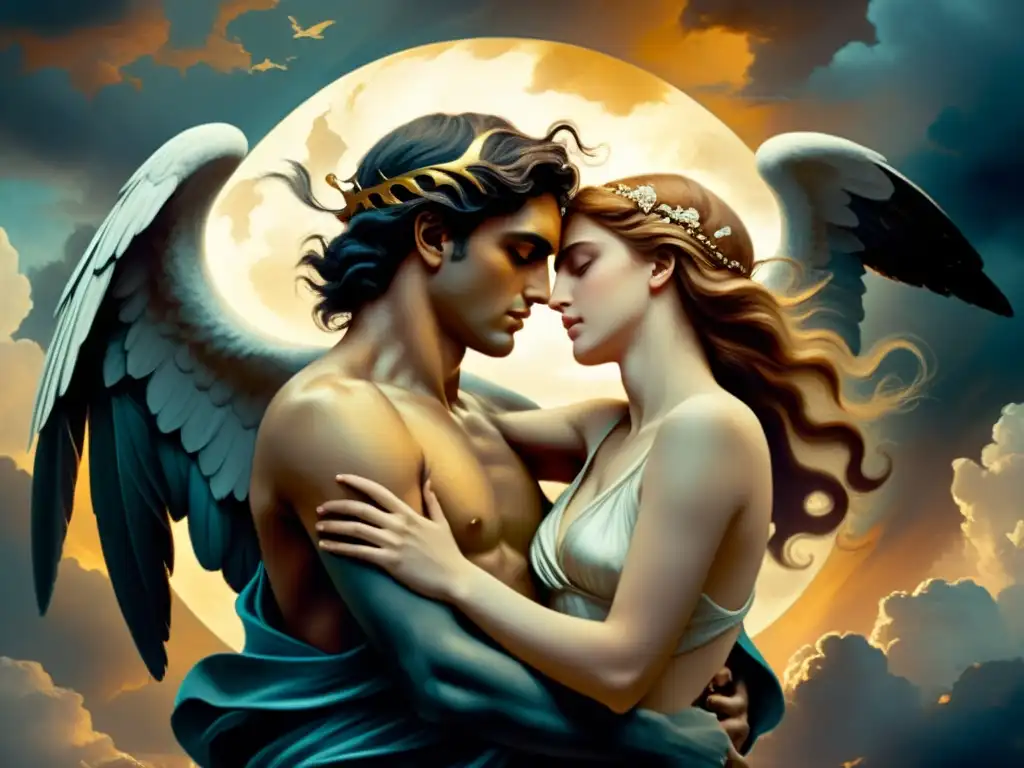 Dramática lucha entre Eros y Thanatos, dioses griegos del amor y la muerte, en una pintura vintage de alta resolución