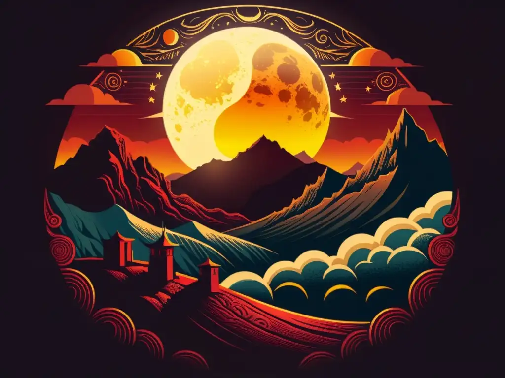 Ilustración vintage de un dramático eclipse, con la luna cubriendo parcialmente el sol y creando un resplandor surrealista sobre un paisaje mítico