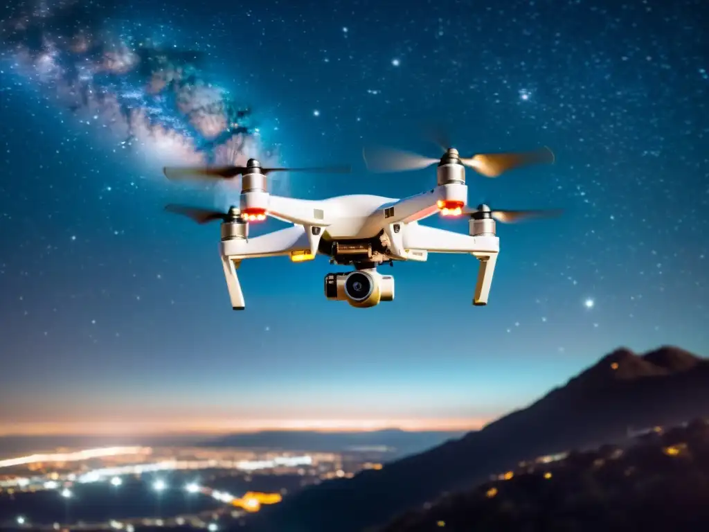 Drone nocturno capturando la belleza celestial Un dron moderno captura imágenes celestiales sobre la ciudad de noche, fusionando tecnología y maravilla estelar