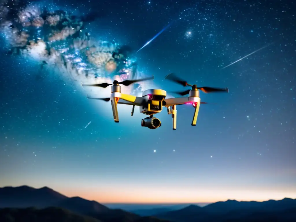 Drone futurista iluminando la Vía Láctea Un dron moderno en un cielo estrellado, capturando imágenes celestiales con drones en un estilo retro