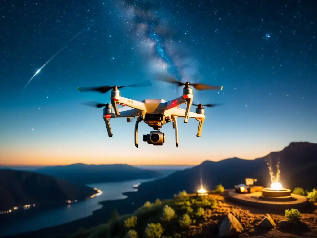 Dron vintage captura la belleza estelar Un dron vintage captura imágenes celestiales con su cámara de alta resolución, en un paisaje nocturno