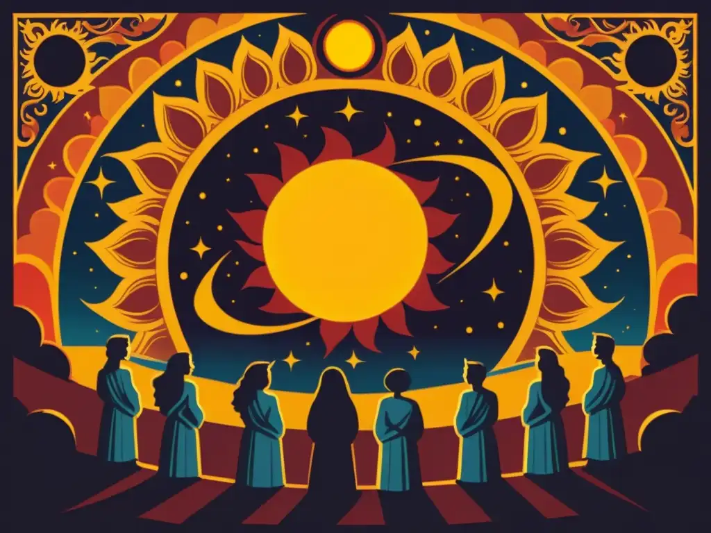 Ilustración vintage de un eclipse solar con colores intensos