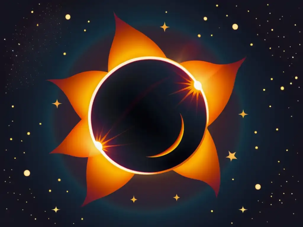 Ilustración vintage de un eclipse solar con detalle en la corona del sol y la sombra de la luna